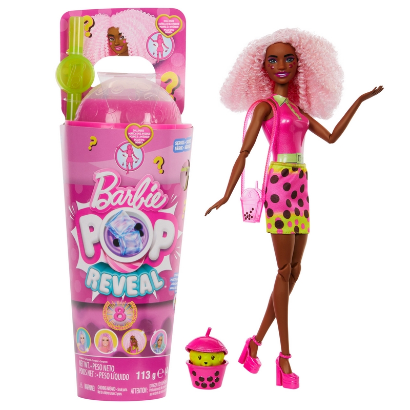 Barbie Pop Reveal Berry Doll Bubble Tea Series voňavá módna bábika, figúrka zvieraťa a 8 prekvapení vrátane meniacej farby, senzorická hračka, sada prekvapení, HTJ20 HTJ20